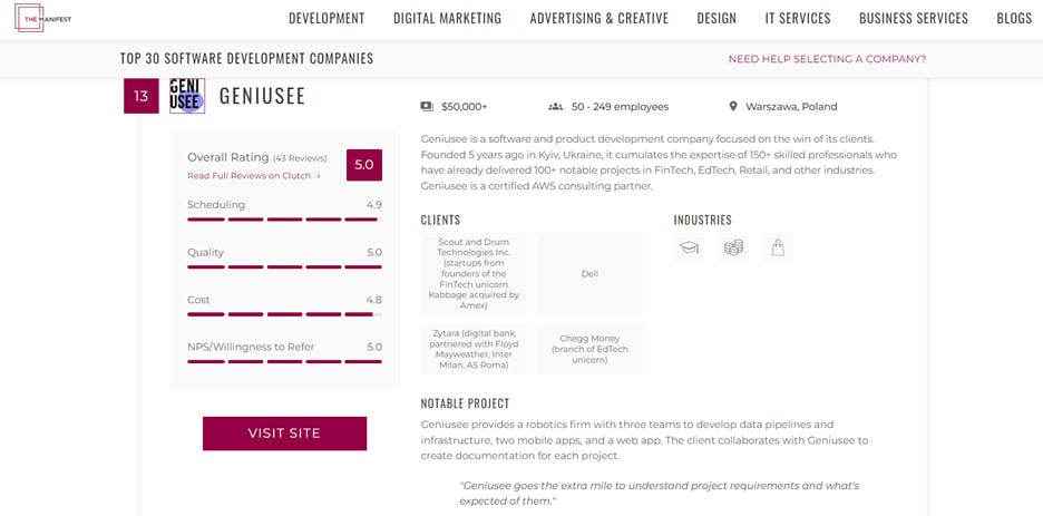 Geniusee is among top 30 software development companies worldwide